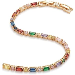 Ellipsod Rainbow Tennis Bracelet for Women - Multi Color Cubic Zirconia Gold Plated Baguette and Round Stone Jewelry, Vibrant