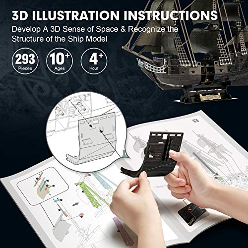 CubicFun 3D Puzzle for Adults Moveable LED Pirate Ship Puzzles with Detailed Interior, Large Queen Anne\'s Revenge Sailboat Desk Model Kits, Difficult Puzzles with Lights Watercraft Gifts for Men Women