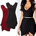 OFTEN® Women's Sexy Sleeveless V-Neck Draped Ruched Pure Color Mini Dresses, Black- Large