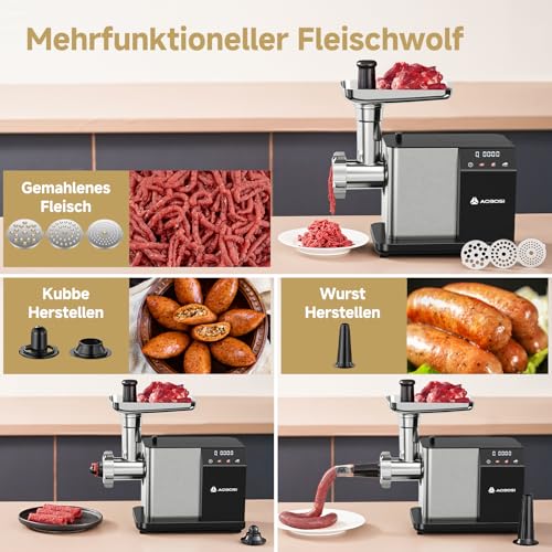 AAOBOSI Electric Meat Mincer [3000 W MAX] with LED Display, 3 Speeds, Meat Grinder with Anti-Clogging Technology, Built-in Storage Box, Sausage Filler & Kibbe Making for Home Use
