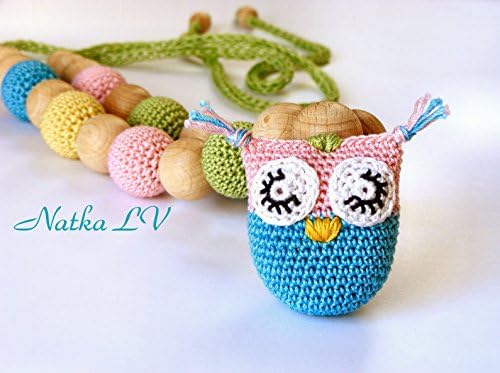 Owl nursing necklace, teething necklace, breastfeeding necklace, natural, eco friendly, wood cotton, pastel rainbow, unisex teething toy