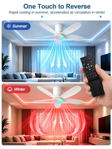AILRINNI Ventilateur de Plafond 107 CM avec Lumière RGB, Bas Profil Encastrable, Télécommande et APP, 5 Pales Réversibles, RGB+3 Températures de Couleur, Dimmable Ventilateur LED pour Salon Chambre