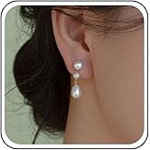 Yheakne Vintage Teardrop Pearl Dangle Earrings Gold Pearl Drop Earrings Pearl Chain Tassel Earrings Round Pearl Stud Earrings Boho Pearl Earrings Jewelry for Women