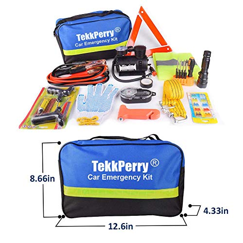 TekkPerry Auto Car Truck Roadside Assistance Kits,14-Piece Tools Set Car Solution Kit with Jumper Cables, Tire Pressure,Tow Trap,Reflective Triangle - Thumbnail 5