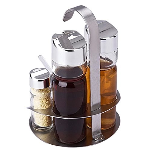 VDOMUS Glass Cruet Set with Stand Oil Vinegar Dispenser Salt and Pepper Shaker Bottles Serving Set Picnic Table Condiment Server Holder, 5 piece