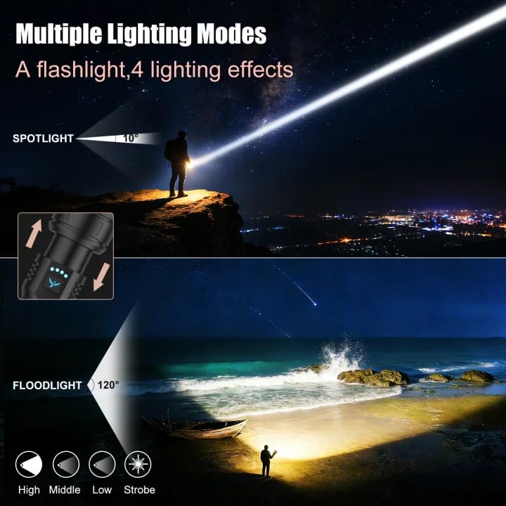 SKYFIRE High Power LED Flashlights 900000 Lumens, USB Rechargeable LED Flashlight, Powerful Flashlight with Ignition Lens, Tactical Flashlight 4 Modes for Emergencies/Camping/Hiking