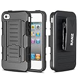 IPhone 4 Case, iPhone 4S Case, RANZ Apple iPhone 4 / 4S Black Rugged Impact Armor Hybrid Kickstand Cover with Belt Clip Holster Case