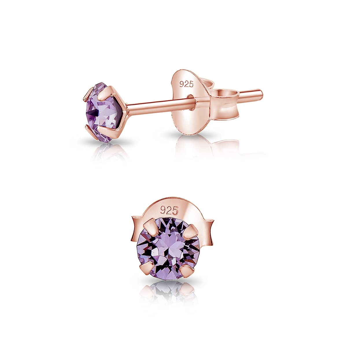 DTPSilver - 925 Sterling Silver Rose Gold plated Round TINY Stud Earrings made with Glittering Crystals from Swarovski® Elements - Diameter: 3 mm - Colour : Violet