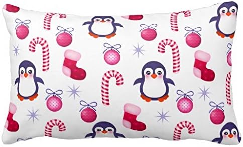 Himoud Cute Pink &amp; White Christmas Pattern with Penguins Throw Pillowcase Christmas Lumbar Pillow Covers 20x30 inches
