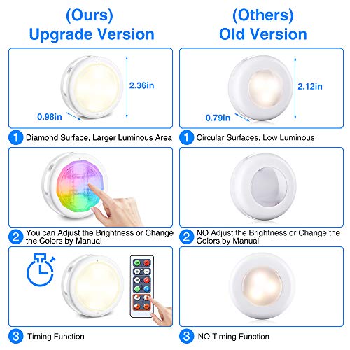 LED Closet Lights SOLMORE RGBW Wireless LED Puck Lights Under Cabinet Lighting Cabinet Lights Battery Powered Night Lights Under Counter Lighting with Remote Control Dimmer & Timing Function (9 Pack)