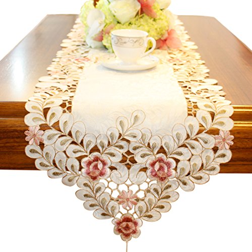 Flowers embroidered short satin floral table runner tapestry