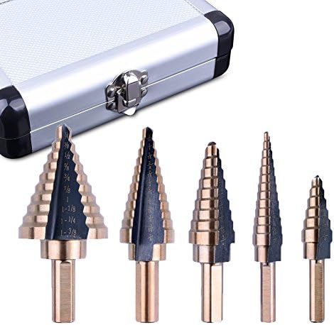 Step Drill Bit Set, 5pcs HSS Cobalt Titanium Grooved Step Drill Bit Set Tools Multiple Hole 50 Sizes Stepped Drill Bits with Aluminum Case, Two-Flute Design, High Speed Steel and 3 Side Shank Design