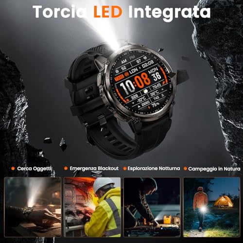 KOSPET Tank T4C Smartwatch with GPS, Full Metal Body, LED Flashlight, 50 Day Battery, Health Monitor 24/7.5ATM/IP69K, 170+ Sports Modes, 1.5 Inch Screen, Android & iOS Black