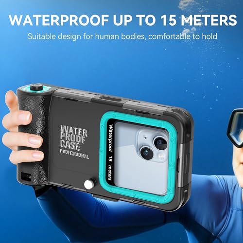 Ezanmull Underwater Diving Case for iPhone 16/15/14/13/12/11 Pro Max/XR/XS/X & More, Professional Protection [15m/50ft], Waterproof Case for Snorkelling, Surfing, Photos & Videos (Black/Teal)