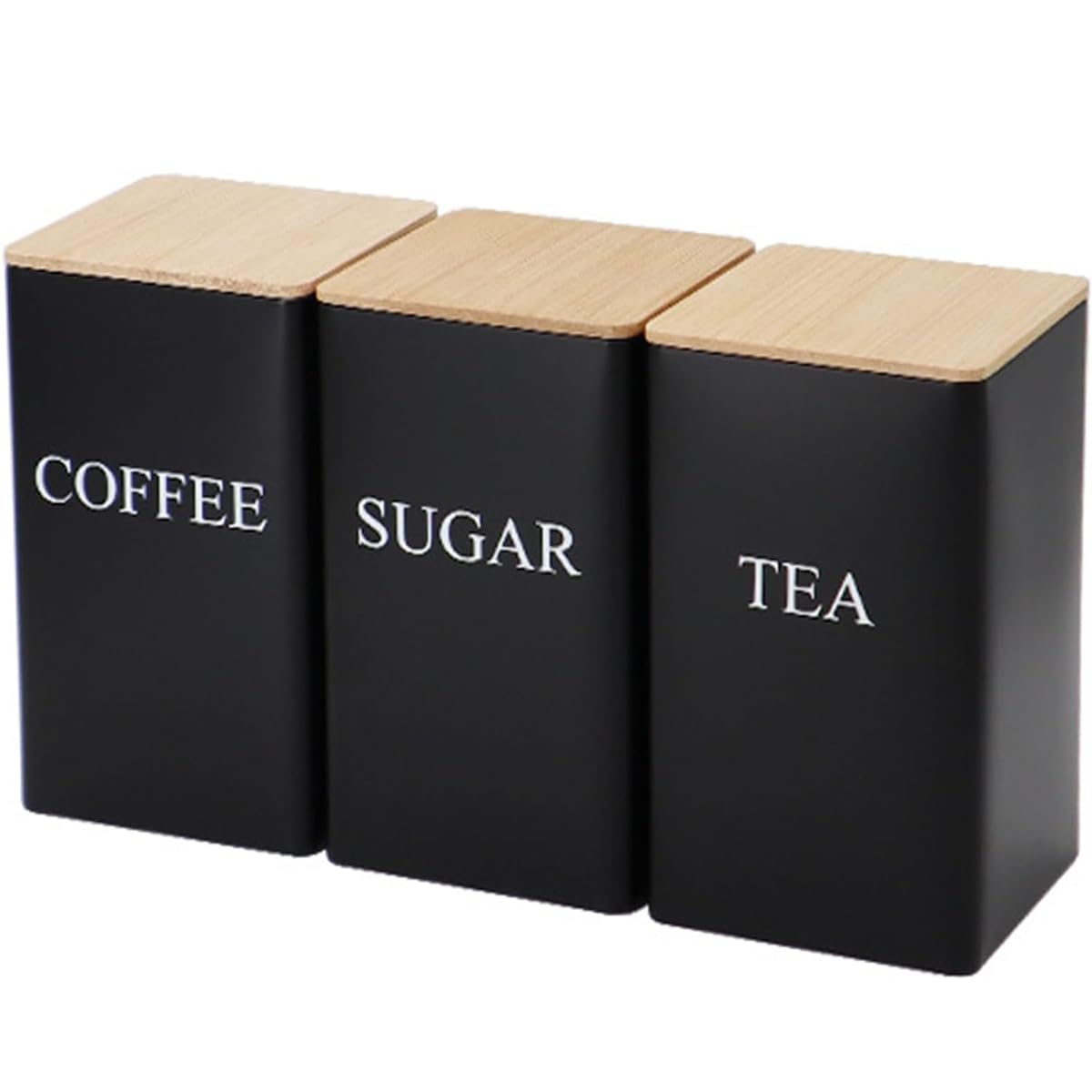 Tea Coffee Sugar Canisters, 1000ML 3 Piece of Metal Canister Storage Jar Container Set With Airtight Bamboo Lid