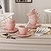 Eglaf Ceramic Coffee Tea Cup Set - 6 OZ Porcelain Embossed Tea Cup with Saucers Spoons Bracket - Set of 6 (Pink)