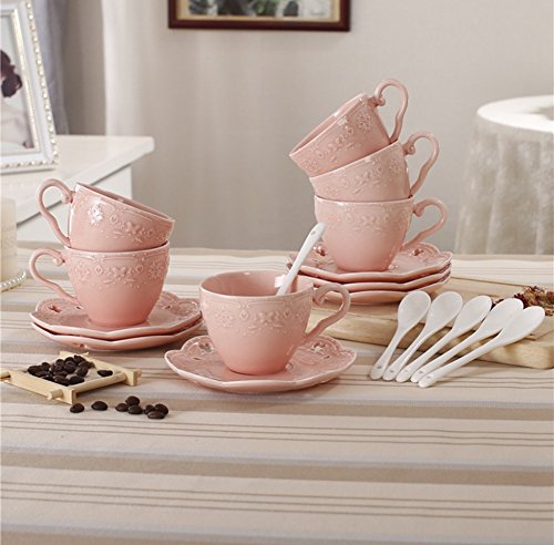 Eglaf Coffee Tea Cup Set Embossed Ceramic (Bone china) and Porcelain Saucers Spoon Bracket 6 - Piece Set (Pink)