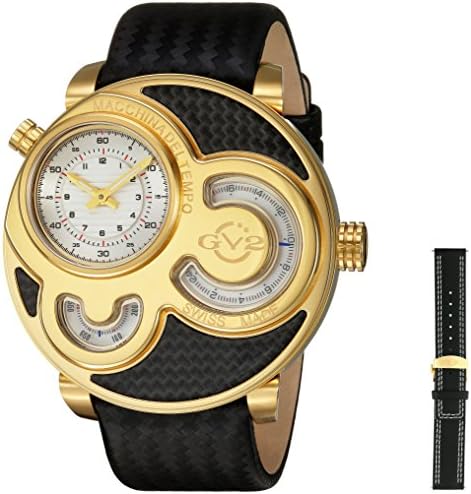 GV2 by Gevril Macchina Del Tempo Mens Swiss Quartz Carbon Fiber Pattern Black Leather Strap Watch, (Model: 8304)