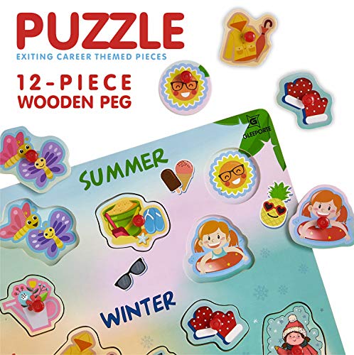 Wooden Peg Puzzle, 4 Seasons - Learning Educational Pegged Puzzle for Toddler & Kids (12 pcs) Gleeporte