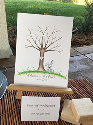 Customizable fingerprint tree featuring a grey bunny under a brown oak tree in the green grass--perfect for a bunny-themed baby shower, gender neutral, Personalized for you, baby shower guestbook