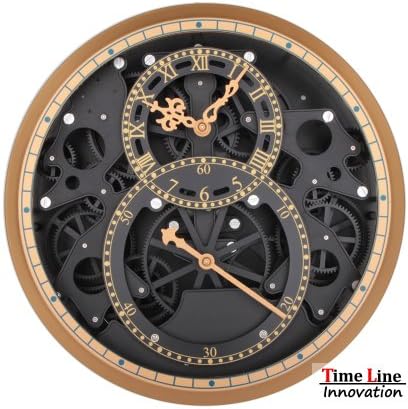 Timeline Moving Gear Wheel Wall Hanging Dual Clock /Classical Golden & Black Large Size