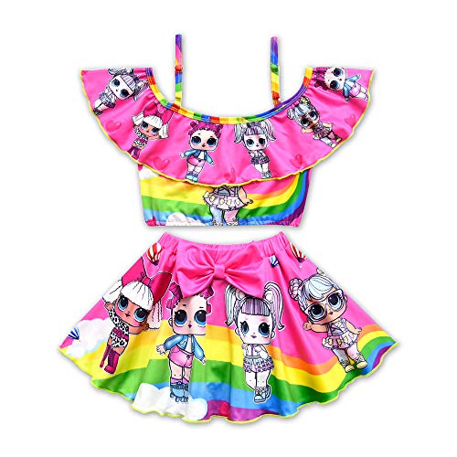 Rohero Toddler Baby Girls Swimsuits Two Piece Doll Print Ruffle Swimwear Bathing Suit for Doll Surprised (130cm/ 5-6Y, Rainbow Rose 1) - Thumbnail 7