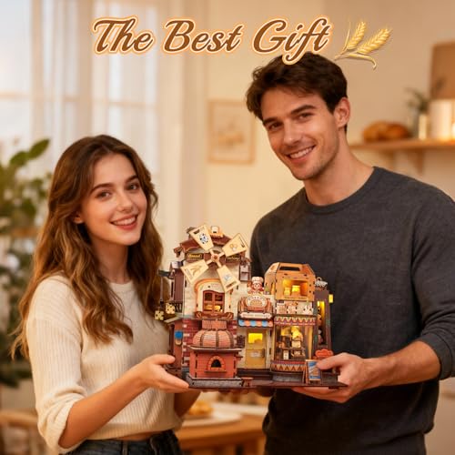 Cutefun Kit de Modelismo 3D en Madera – Book Nook de 572 Piezas para Adultos – Maqueta a Escala con Música y Luz LED – Fábrica de Regalos Temática de Pan