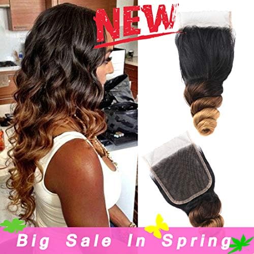 XYHair Brazilian Virgin Hair Loose Wave Lace Closure 4×4 Bleach Knots with Baby Hair Free Part Full Lace closure ombre hair 1B/4/30 Color 150% Density (12 inch)