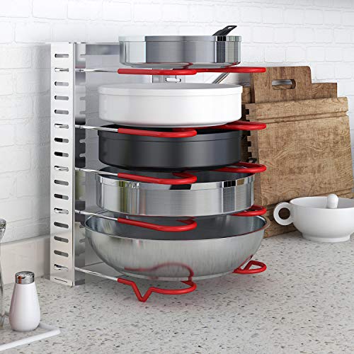 Lifewit Expandable Pan and Pot Lid Organizer Rack Holder Adjustable Kitchen Cabinet Pantry, 5-Tier Compartments Cupboard Bakeware Lid Plate Holder, Silver and Red