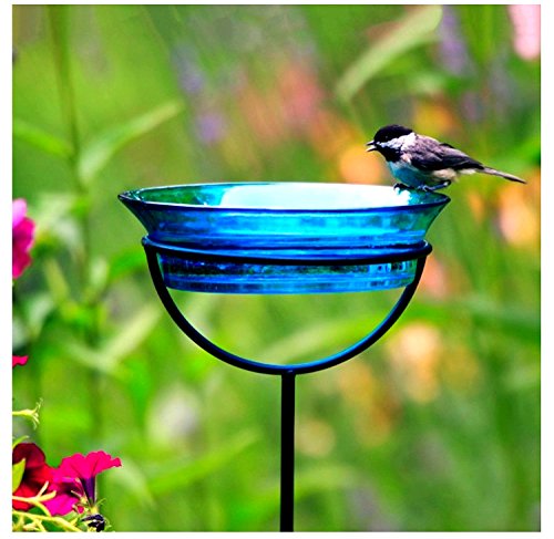 Mosaic Birds Cuban Garden Stake Bird Bath Feeder Birdseed Mealworm G465VM Recycled Glass Bowl Container with Adjustable Height Stake - Clear