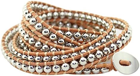 Babao Jewelry Stunning Silver 4mm Beads Light Brown Leather 5 Wraps Bracelet