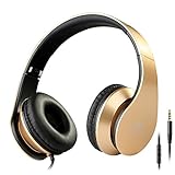 Intone I60 Lightweight Folding 3.5mm Stereo Over-ear Headphones Portable Stretch Headsets Earphones Leather Earpad with Build-in Microphone and Control Button for All Smartphones,laptops,tablets,pc,mp3/mp4,psp,ipod (Golden)