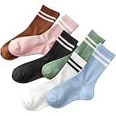 EAST BUND Women’s Retro Double Stripe Crew Socks – Soft Polyester Casual Mid-Calf 6 Pairs Pack, Size 5-10