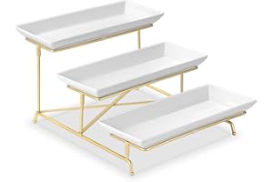 Yedio 3 Tier Serving Tray Set 14 Inch Porcelain Tiered Serving Platters, Collapsible Sturdier Stand with Stable Cross Bars, T