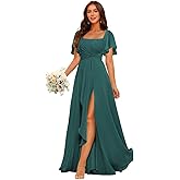 Short Sleeves Chiffon Bridesmaid Dress with Pocket Pleated Aline Formal Evening Dresses with Slit ZU012