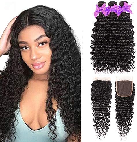 Miss CARA 9A Deep Wave 3 Bundles with Closure (10 12 14+10, Free Part) Brazilian Virgin Hair 100% Human Hair Bubdles Unprocessed Hair Extension Free Part