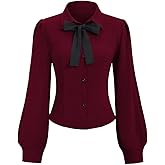 SweatyRocks Women's Puff Long Sleeve Button Down Fitted Crop Shirt Top Dressy Casual Bow Tie Elegant Blouse