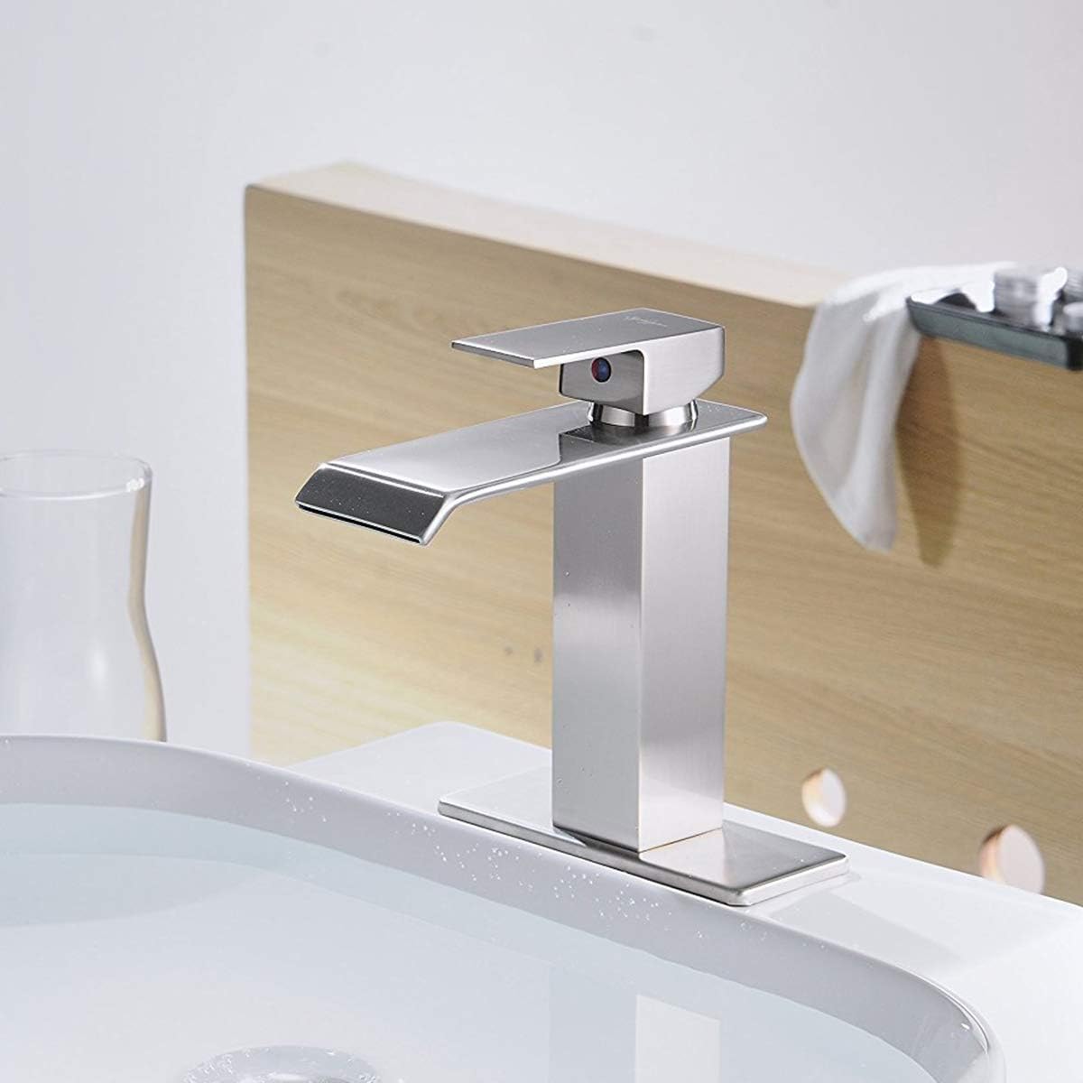 Greenspring Waterfall Commercial Spout Brushed Nickel Single Handle One Hole Bathroom Sink Faucet Deck Mount Lavatory - - 