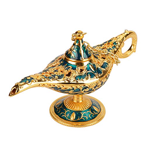 Aladdin Genie Lamp, Metal Carved Aladdin Lamp, Magic Vintage Home Tea Oil Pot Arabic Art Craft Gift Retro Legend Aladdin Genie Wishing Lamp Pot Decor(Blue)