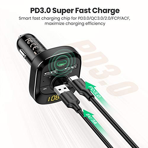 UGREEN Car Bluetooth FM Transmitter, QC3.0 and USB C PD 18W Radio Adapter Car Kit with 3 USB