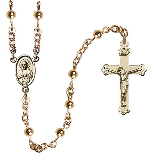14kt Yellow Gold Filled Rosary 5mm Gold Filled Mother of Pearl beads, Crucifix sz 1 1/8 x 5/8. Scapular medal charm