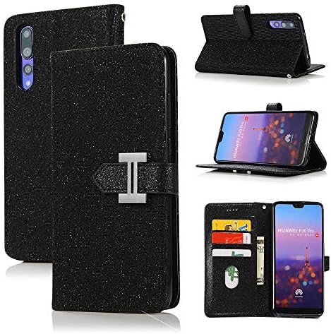 huawei p20 pro case Compatible with Huawei P20pro Phone Cases Wallet Stand Card Holder Huwai Hwauei P 20 20Pro Cover Bling flip Luxury Bumper Skin Protective 6.1inch (Black)