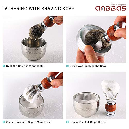 Shaving Brush and Stand, Anbbas Pure Badger Bristle Hair Shave Brush Wood & Alloy Long Hand and Chrome Shaving Stand Set for Double Edge Safety Razor Traditional Shaving Razor Women Men