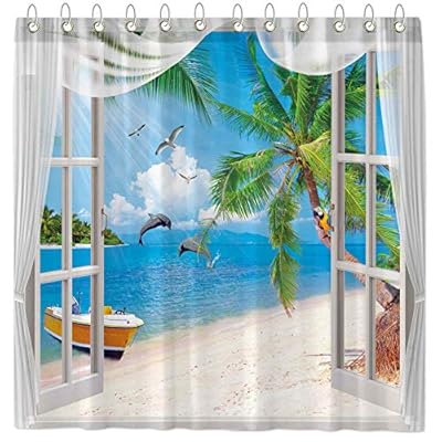 Funnytree Summer Beach Shower Curtain Bathroom Tropical Palm Tree Ocean Window Balcony Home Bathtubs Curtain Party Decor… 51hnqFX25JL