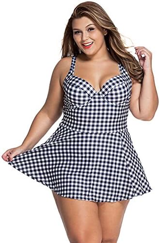 LIWA Plus Size Summer Women's Swimsuit Steel Ringed Gather Together Bathing Suit Women Cross Paid Braces Swimwear X10 (3XL, Plaid)