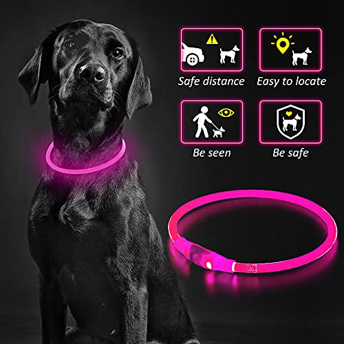 PZRLit Lighted Dog Collar LED-USB Rechargeable, Adjustable TPU Cut to Size Light Up Dog Collar for Small Medium Large Dogs, Safety Glow Puppy Collar for Night Walking (Candy Pink)