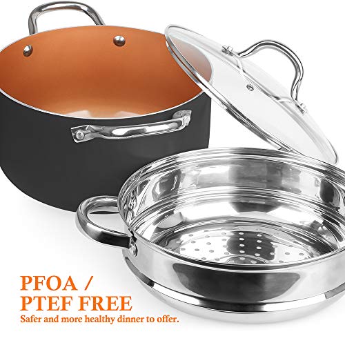 SHINEURI 6 Quart Nonstick Copper Stockpot with Lid, Deep stock pot with Stainless Steel Steamer Inset - Perfect for Soup, Stew, Roast, Pasta & Sauce, Suitable for Induction, Gas, Electric & Stovetops - Thumbnail 7