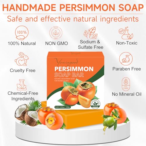 yoniagood 3 PCS Persimmon Soap Bar for Body Odor Control, Natural Deodorant Body Bar Soap for Old People Smell, Remove Strong Smell, Organic Eliminating Odor Wash Soap for Women & Men