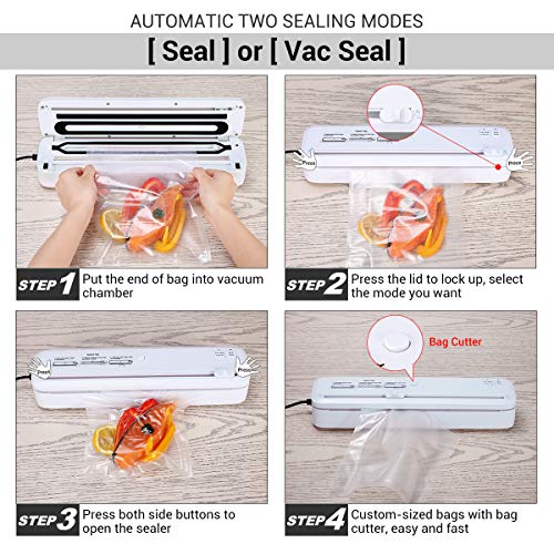 Vacuum Sealer Machine, CUSIBOX Automatic Food Vacuum Sealer with Bag Cutter for Food Preservation and Sous Vide, 3 Storage Bags(White)