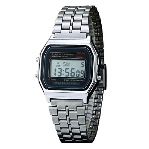 New Vintage Womens Men Watch Stainless Steel Digital Alarm Stopwatch Classic Silver WristWatch Men